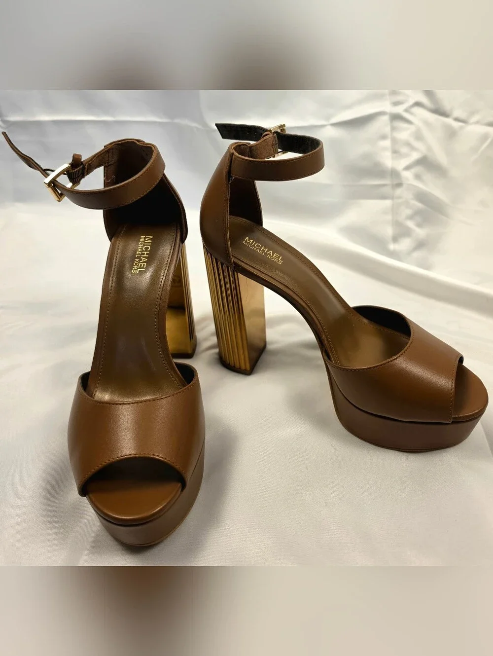 Michael Kors Brown Leather Platform Sandals with Gold Block Heel